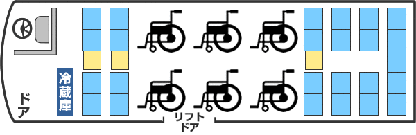 青垣観光バスが所有しているリフト付きバス座席レイアウト 31名 車椅子6台（正座席：29／補助席：2）