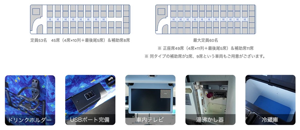 さくら観光バスが所有するバスの座席、装備など