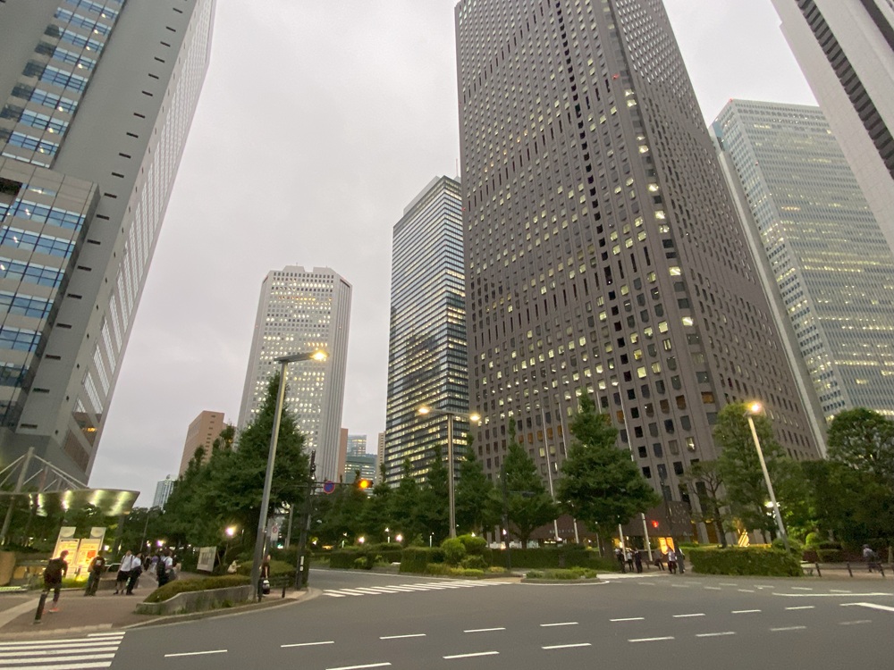 右手が新宿センタービル、左手に工学院の建物