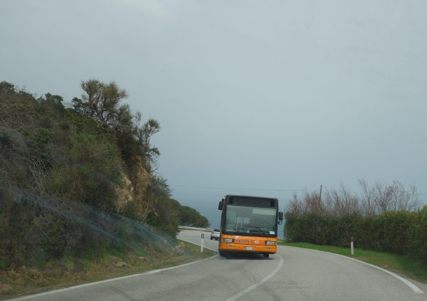 反対車線をまた違う車種のバスが行く