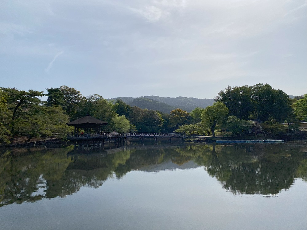 猿沢池と浮御堂、三笠山を遠望