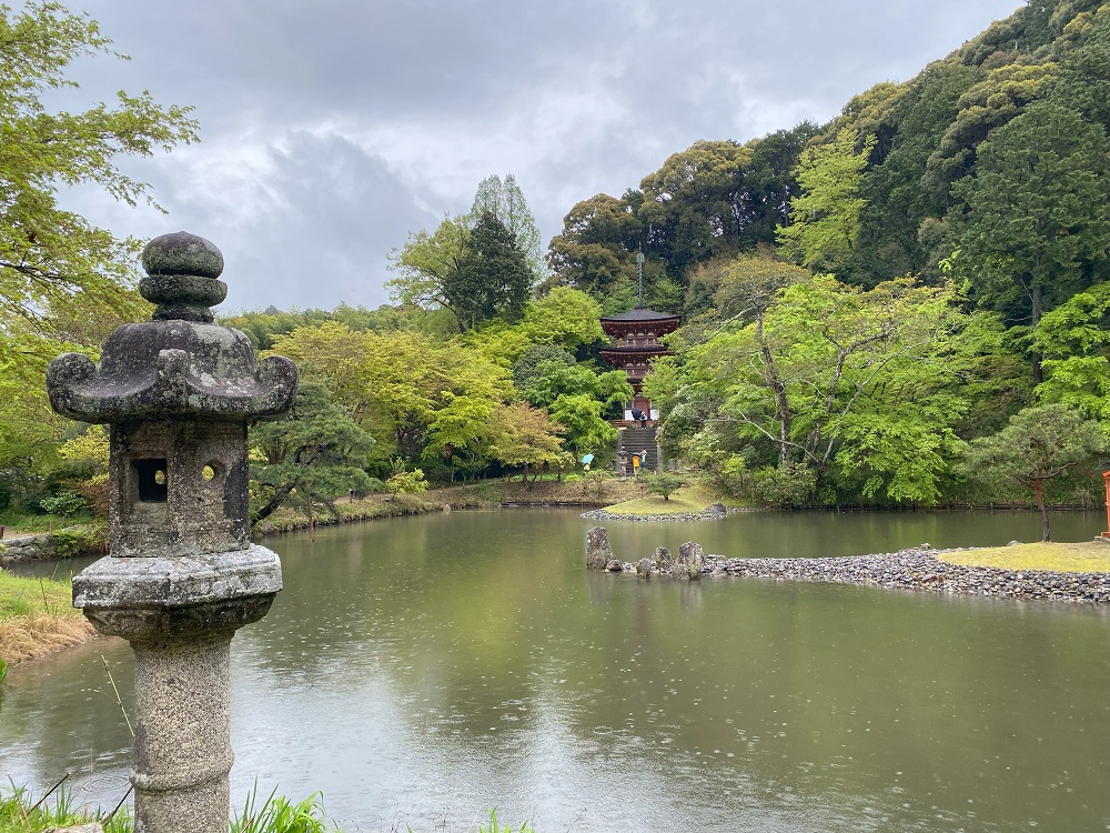 池越しに三重塔を見る