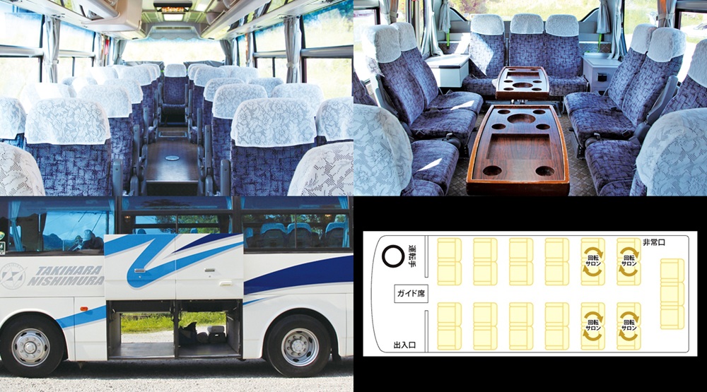 中型観光バスの車内の様子など